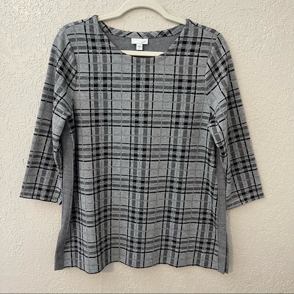 J Jill women’s grey plaid 3/4 sleeve tunic top, Medium - Picture 1 of 8